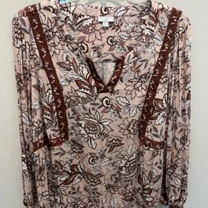 J.Jill Floral Long Sleeve Pink Boho Peasant Blouse Size XL